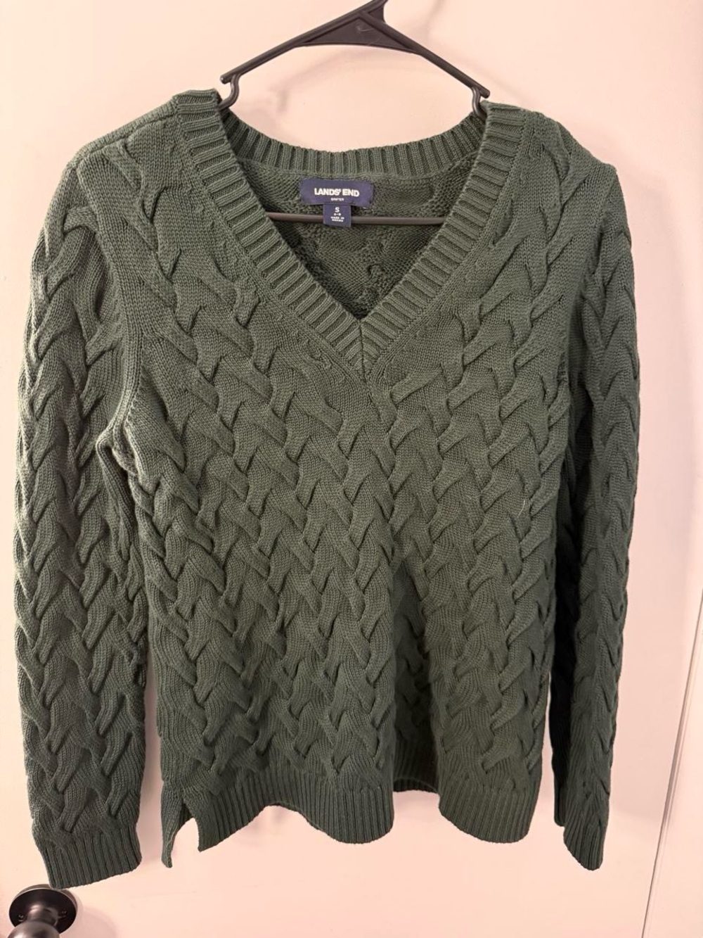 Lands' End Women's Olive Green Cable Knit V-Neck Sweater